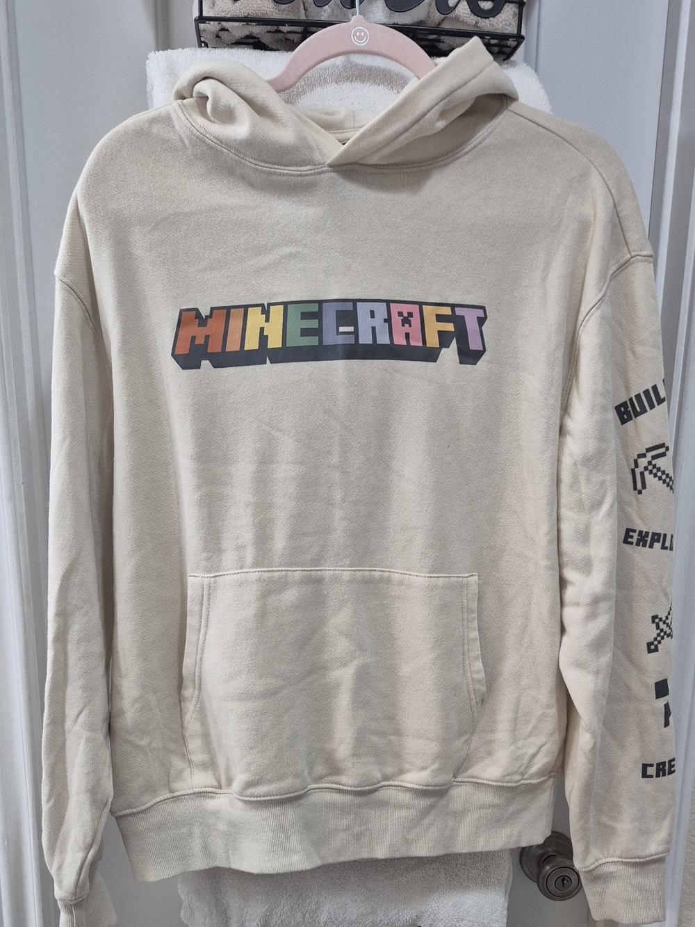 Minecraft Hoodie Adult Sz M / Cream Colorful Block Logo Print Pullover